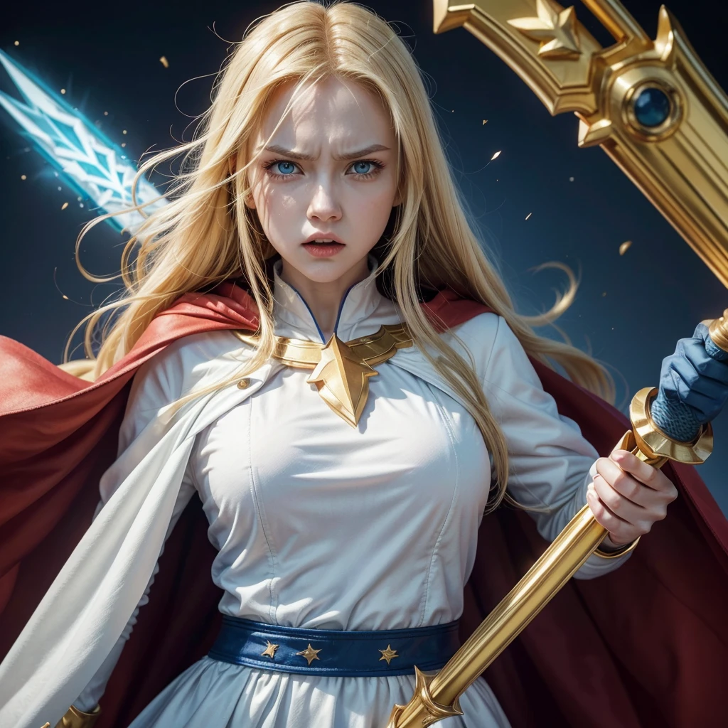 Strong woman, long yellow hair, blue eyes, angry face, white clothes, golden star on her chest, red cape, holding a blue sword 