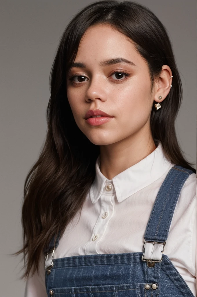 jenna ortega, long hair,
pink overalls, studs, white shirt, detailed skin,
headshot, simple solid background, closeup head-shot, realistic, nude
