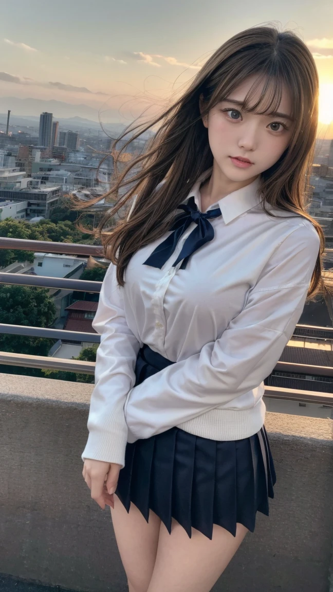 (8k、born、Professional、Highest quality、masterpiece:1.2)、(Genuine、Realistic:1.37)、Very detailed、(18-year-oldの女性のポートレート)、(expensiveest Detail Skin:1.2)、(expensiveest detail face:1.2)、1 Female、18-year-old、(View your audience)、Black Hair、Long Hair、expensive 、日本の高bornセーラー服の、Navy blue ribbon around neck、The wind blew up her pleated miniskirt., Revealing white lace panties.、Sunset sky、The cityscape at dusk can be seen in the distance、Golden Hour