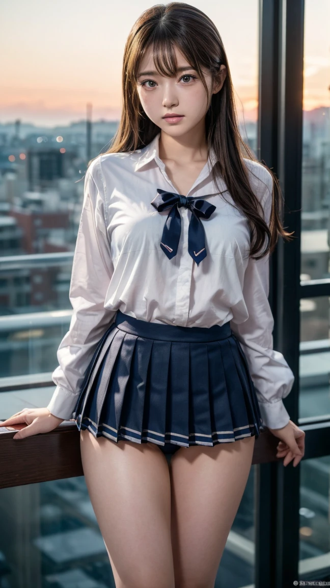 (8k、born、Professional、Highest quality、masterpiece:1.2)、(Genuine、Realistic:1.37)、Very detailed、(18-year-oldの女性のポートレート)、(expensiveest Detail Skin:1.2)、(expensiveest detail face:1.2)、1 Female、18-year-old、(View your audience)、Black Hair、Long Hair、expensive 、日本の高bornセーラー服の、Navy blue ribbon around neck、The wind blew up her pleated miniskirt., Revealing white lace panties.、Sunset sky、The cityscape at dusk can be seen in the distance、Golden Hour