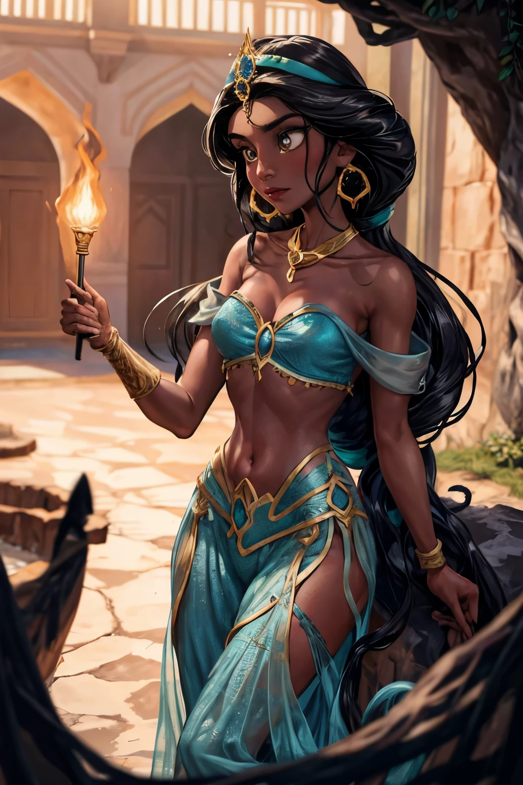 (Masterpiece, Best Quality, Highres:1.2), Detailed, Intricate Details, 4K, 1Girl, (Solo:1.2), jasmine, long hair, breasts, black hair, navel, cleavage, bare shoulders, brown eyes, jewelry, earrings, midriff, dark skin, necklace, off shoulder, blurry, dark-skinned female, crop top, blue shirt, clenched hands, circlet, off-shoulder shirt, arabian clothes, looking at viewer, Princess Jasmine had always been known for her adventurous spirit. Despite living a life of luxury and privilege within the walls of the palace in Agrabah, she had a yearning for something more. She longed for experiences beyond the palace gardens, the bustling marketplace, and the opulent halls of her home. Her heart craved adventure, and on this particular day, that yearning led her to a place she had never ventured before—a hidden cave on the outskirts of the kingdom.
The cave had been a subject of local legends and stories, whispered about by the townsfolk. They spoke of it as a place of mystery and magic, a cavern untouched by time itself. Jasmine, always curious and fearless, decided to explore this enigmatic location, accompanied only by her loyal tiger companion, Rajah.
As she stood at the cave's entrance, Jasmine couldn't help but feel a sense of trepidation. The opening was wide and dark, and an eerie silence enveloped the surroundings. It was as if the cave held its breath, waiting for her to step inside. But she couldn't resist the allure of the unknown. Holding a torch high, she ignited it with a small flame and took her first step into the cavern's depths.
The torch's flame flickered and cast dancing shadows on the rough, uneven walls of the cave. The light revealed ancient markings etched into the stone, symbols of a language long forgotten. Jasmine's eyes sparkled with curiosity as she traced her fingers over the mysterious carvings. The cave seemed to be a place of historical significance, and she was determined to uncover its secrets.