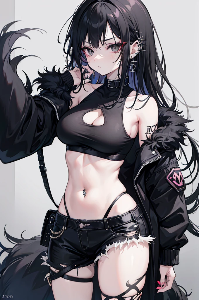 1woman, feminine, messy wolfcut long black hair, black eyes, ear piercings, face piercings, scars, wearing black tank top, wearing punk fur jacket, wearing black jeans, night, high res, ultrasharp, 8k, masterpiece, looking at viewer
