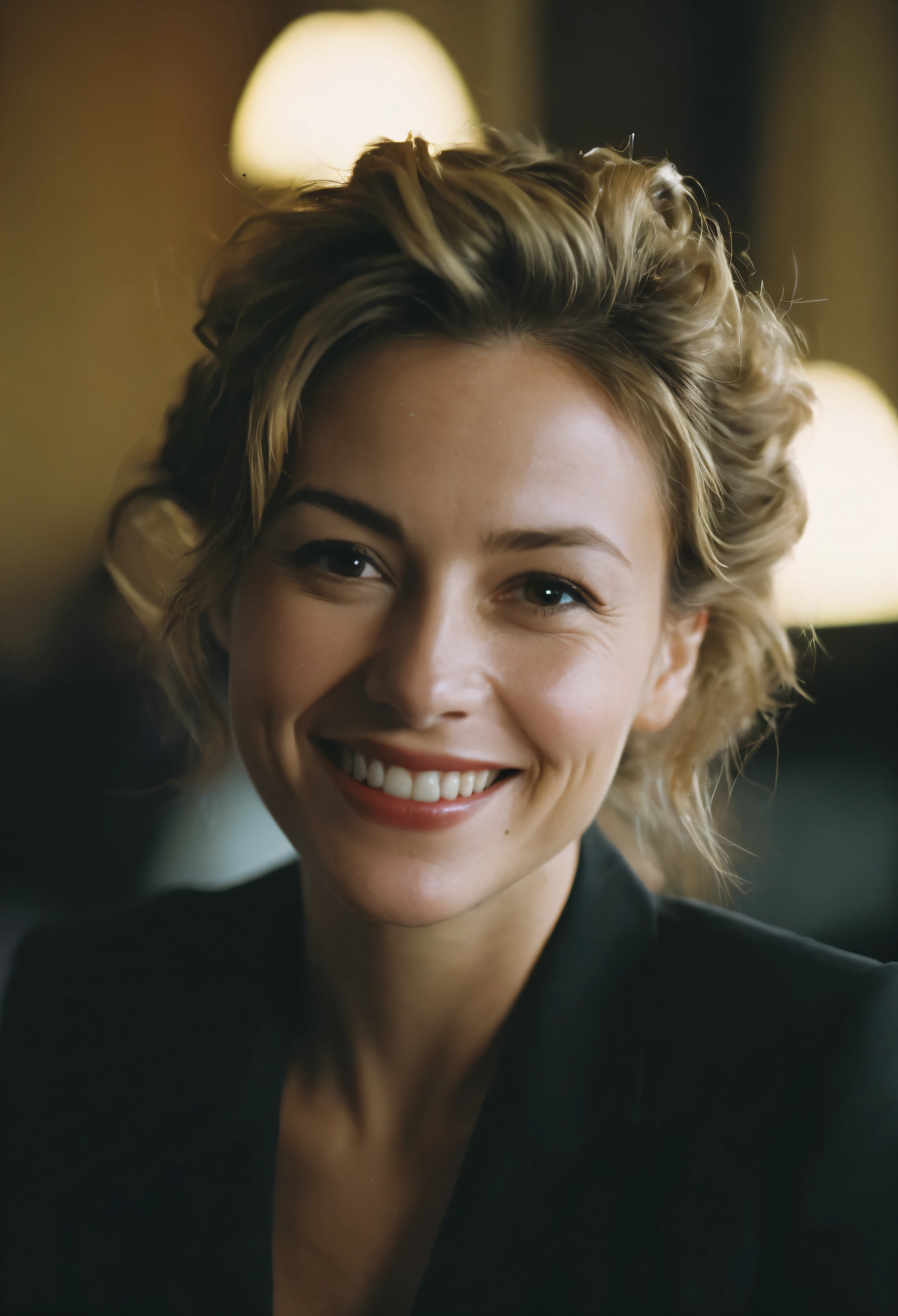 close the portrait, surreal, splendid quality, work of art, best qualityer, splendid, inspirational, bright smiling businesswoman with collected hair, Business lady. film composition, softshadows,
office environment, film grain, cinematic, cinematic film, Shallow depth of field, highy detailed, high budget, cinematic, temperamental, epic, vintage RAW photography from the 2000s, photorrealistic, candid camera, cinematic color correction, atmospheric lighting, imperfections, naturals, Shallow depth of field