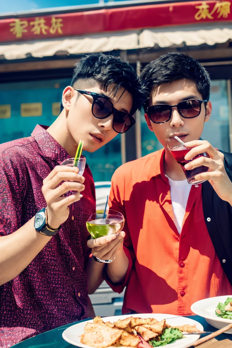 Two young Chinese men,Colored shirts and sunglasses,Eat kebabs and drink,Holding a wine glass