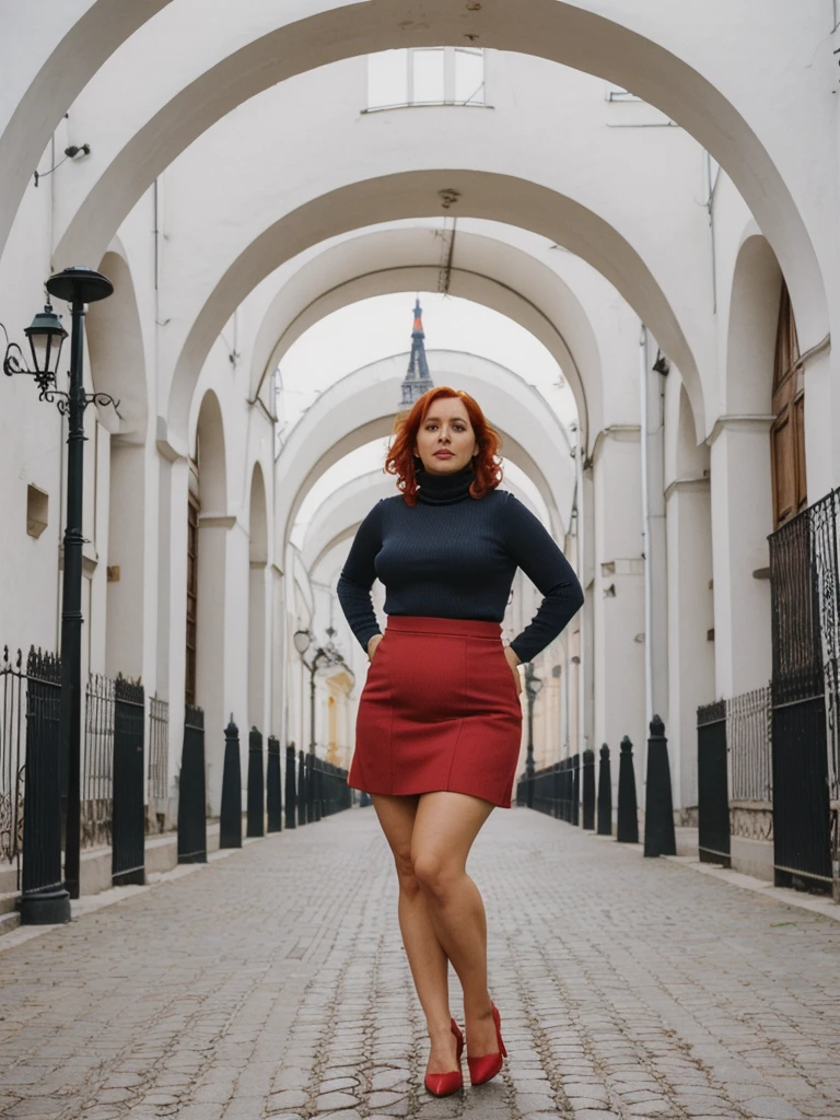 Xyrele, 1girl, solo, 30 years old, (((French face))), (((French nose))), (((French lips))), ((((chubby)))), (((wide ))), (((red hair))), crinkly short hair, wearing stylish geometric designed turtle neck and mini skirt, ((Background: Plaza)), ((upper body and upper legs)), Feeding ducks at a pond