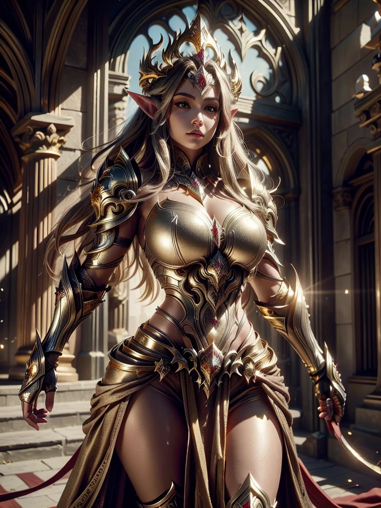 Realistic image cinematic shadows. in the courtyard realm. Elf Queen's Body with Crown, Illuminated Face, Hips, Toned, Gypsy Warrior ((Armor plate thick Gold edges)) reflecting sunlight