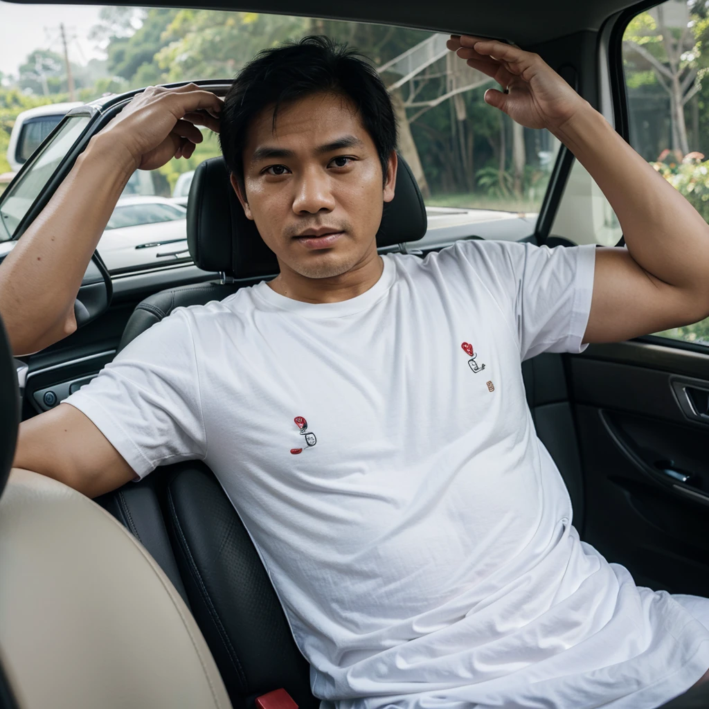 Medium shot of a 38 year old indonesian man, oval face, white skin, nature skin, medium hair, wearing a tshirt, in the car view