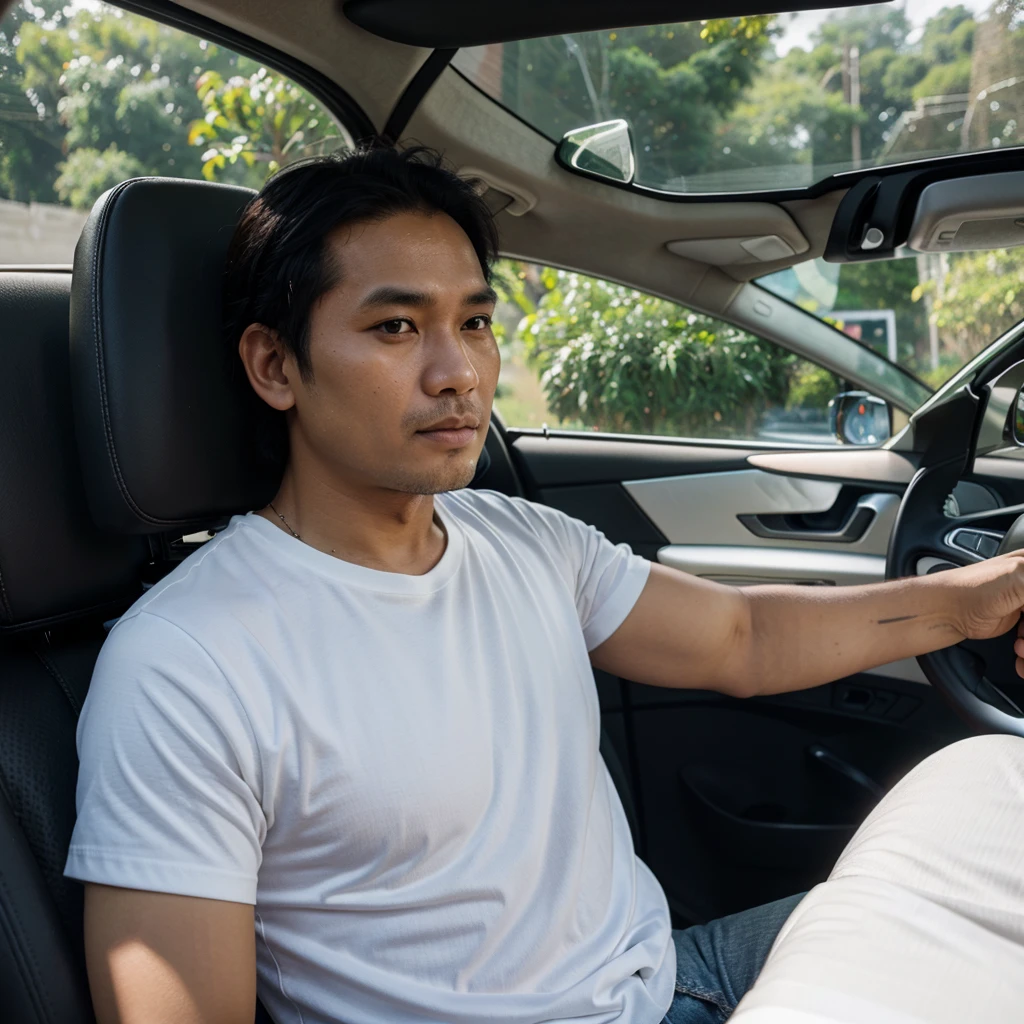 Medium shot of a 38 year old indonesian man, oval face, white skin, nature skin, medium hair, wearing a tshirt, in the car view