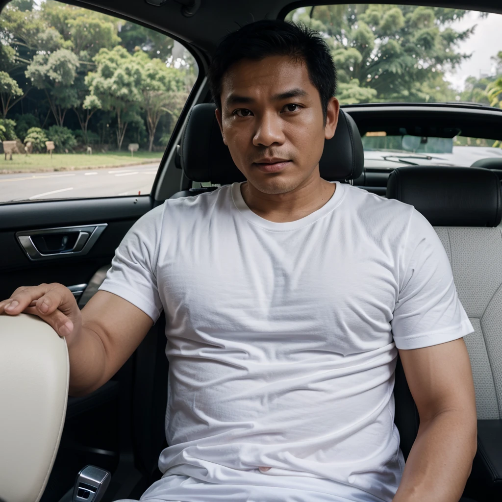 Medium shot of a 38 year old indonesian man, oval face, white skin, nature skin, medium hair, wearing a tshirt, in the car view