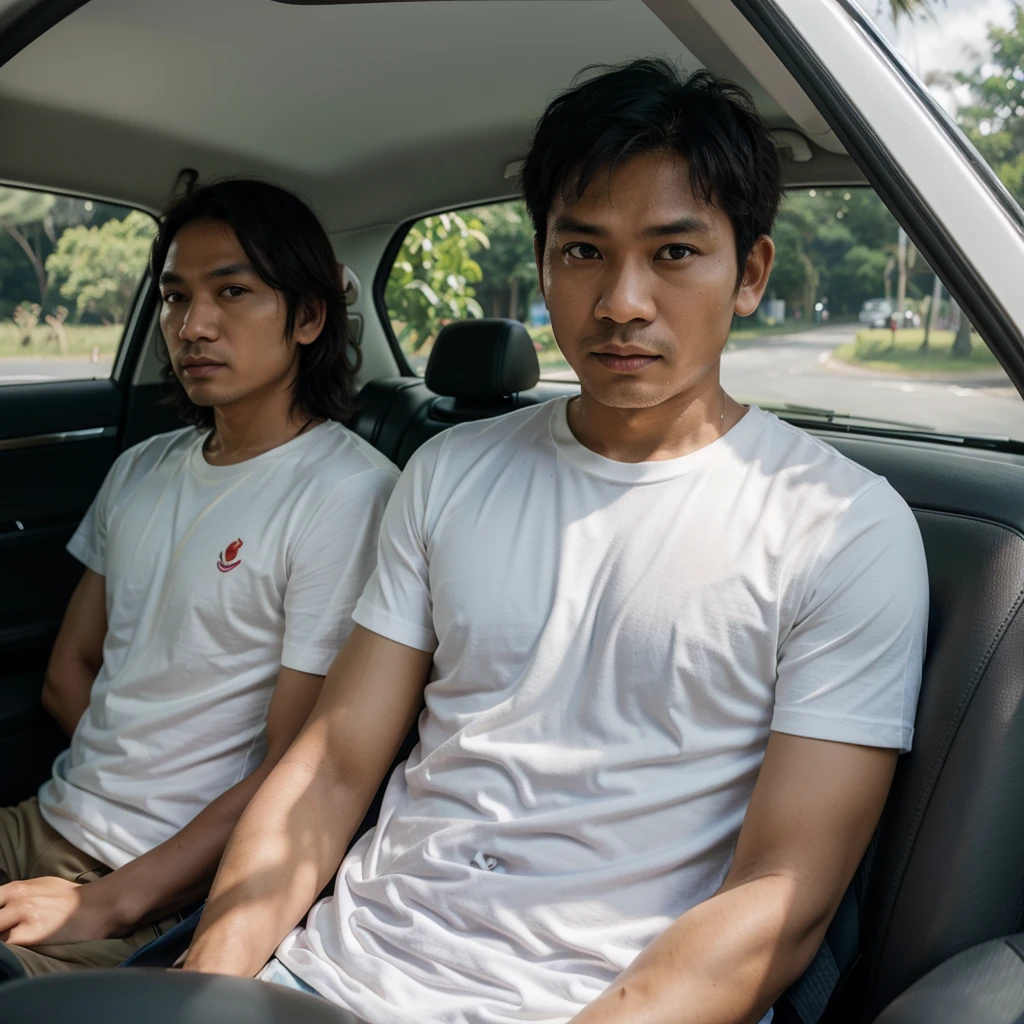 Medium shot of a 38 year old indonesian man, oval face, white skin, nature skin, medium hair, wearing a tshirt, in the car view