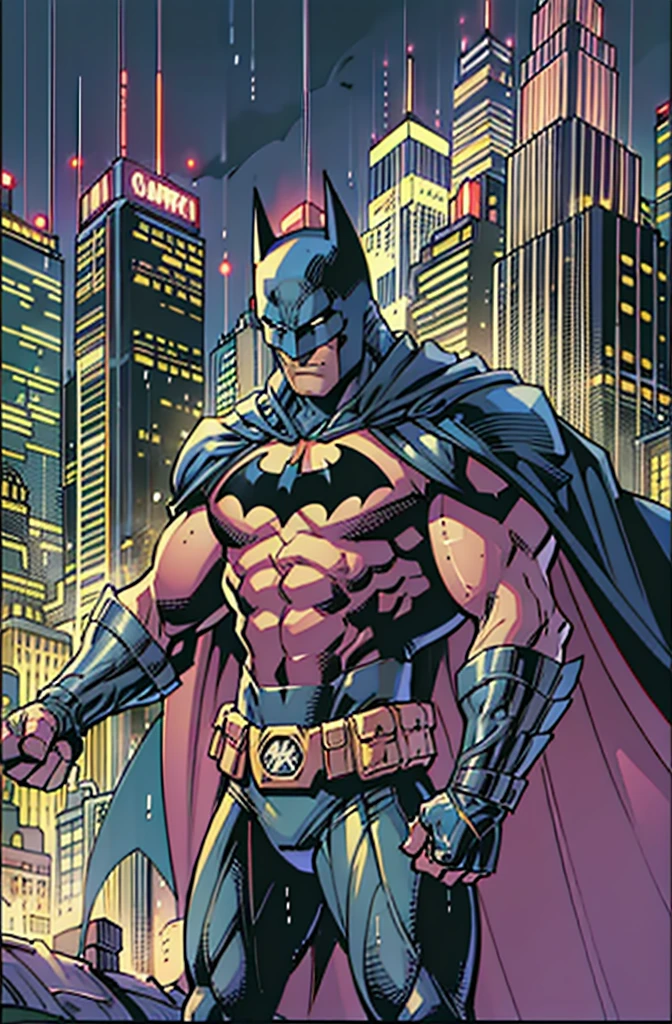 illustration, absurdres, masterpiece, 1boy, jim lee ,batman, standing, night, city, male focus,serious, on roof,cape,black armor, serious, cowboy shot, heavy downpour, floating cape,90s cartoons ,marvel comic,The background is New York City,Professional comic style, prominent contour lines