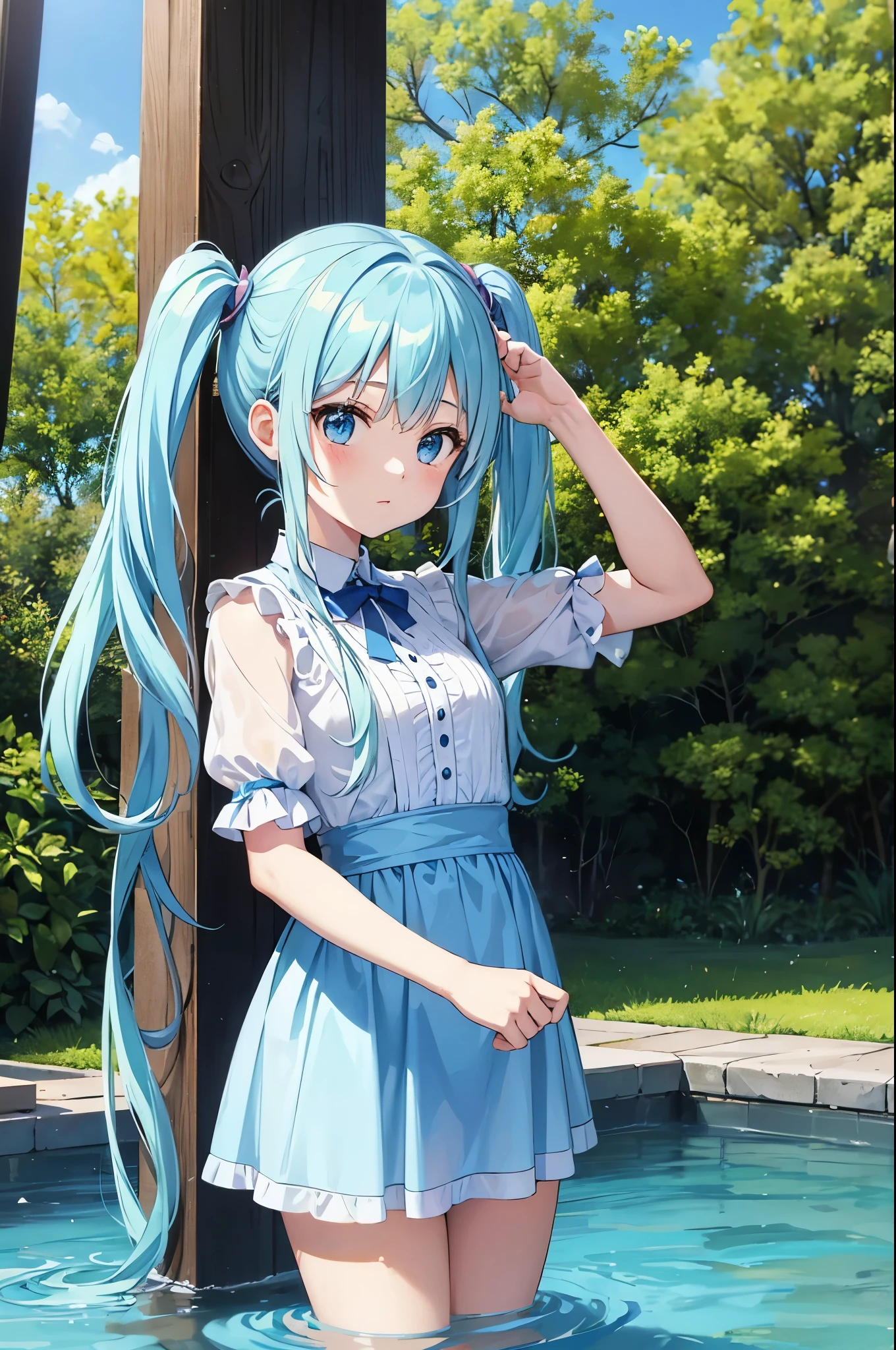 draw water from a well、Light blue long hair、Beautiful girl with twin tails