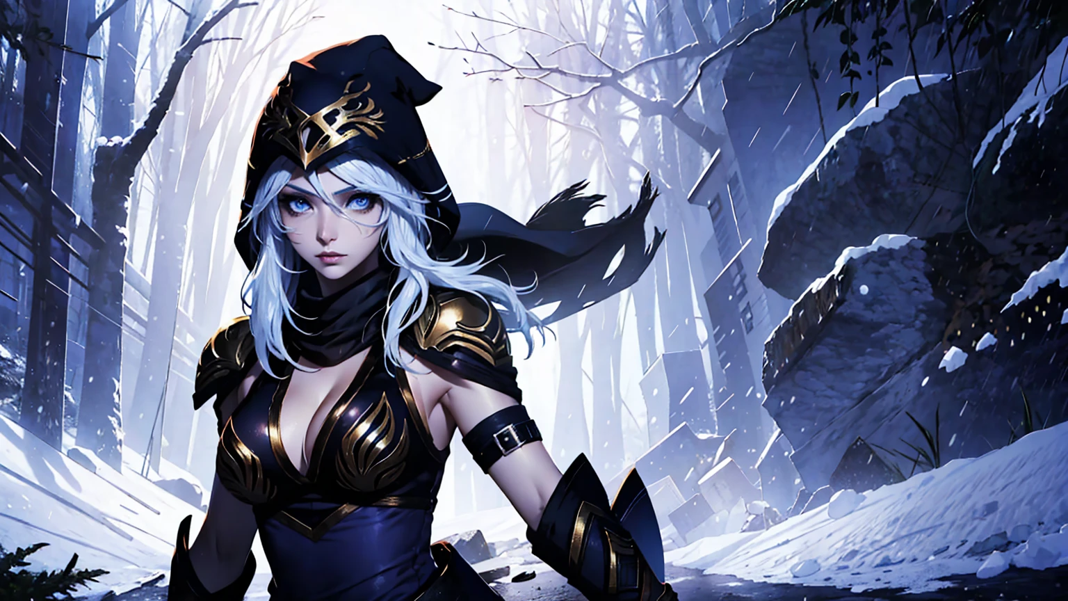 league of legends Ashe, warrior, (masterpiece, best quality), beautiful woman, outdoor snowy forest of pine trees, snow storm, low invisibility, perfect face, beautiful face, serious look, perfect slim fit body, hoding a bow, (standing), abstract background, bright colors, medium breasts, (solo), sexy