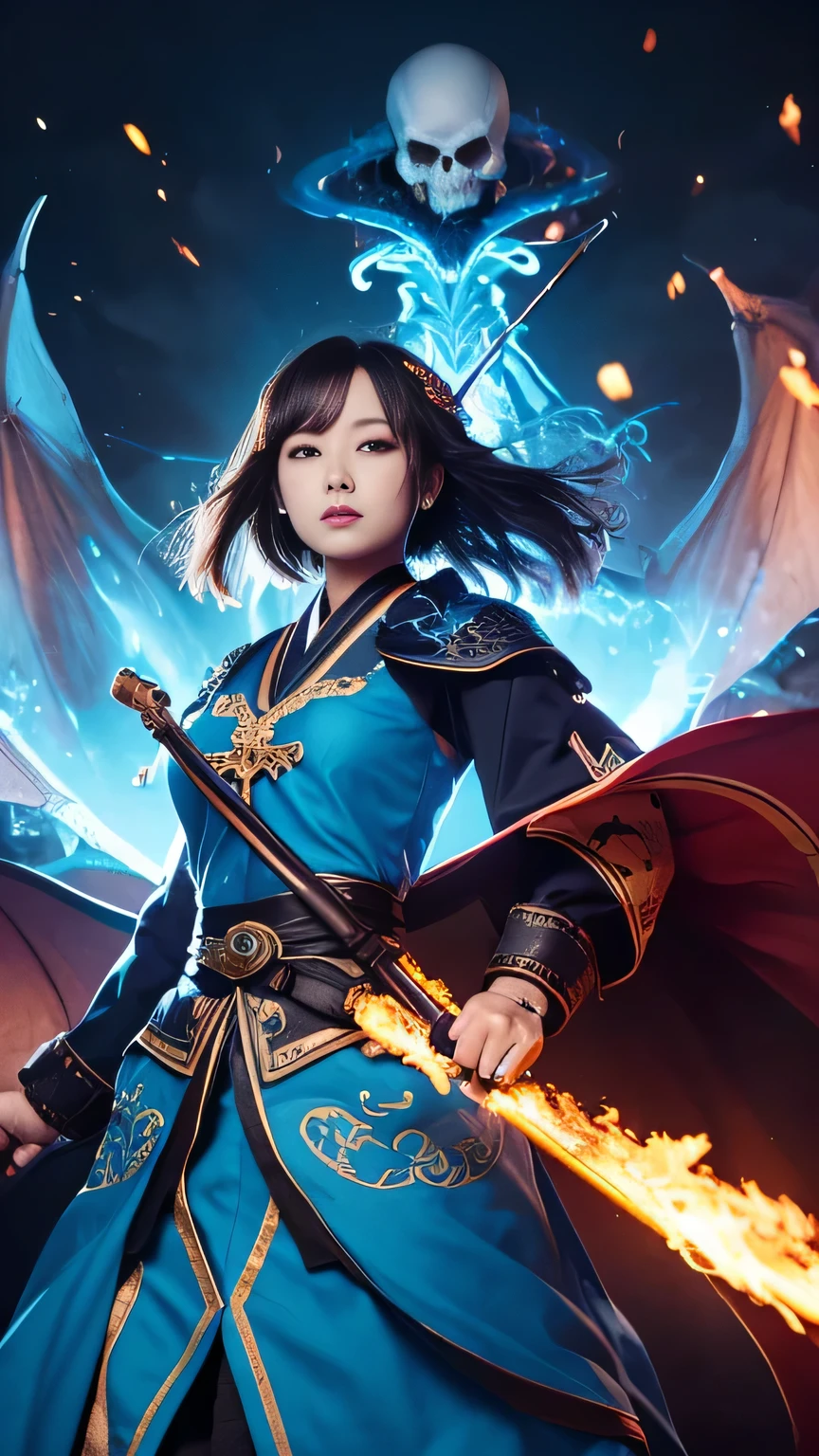 Girl, He carries a white cane decorated with the Japanese symbol for life., Blue flames coming out of the decoration, A dragon came out of it、A blue wind blows with a skull ghost, Perfect Judy with a face and scythe，The woman is wearing the appropriate outfit made of sickle steel., The woman&#39;s hair is black, The woman is an incarnation of God., Dragon on background，(The background of the CG 8k module is very detailed) (Highest quality), (Best illustrations), (Best shade), Very detailed t--v6