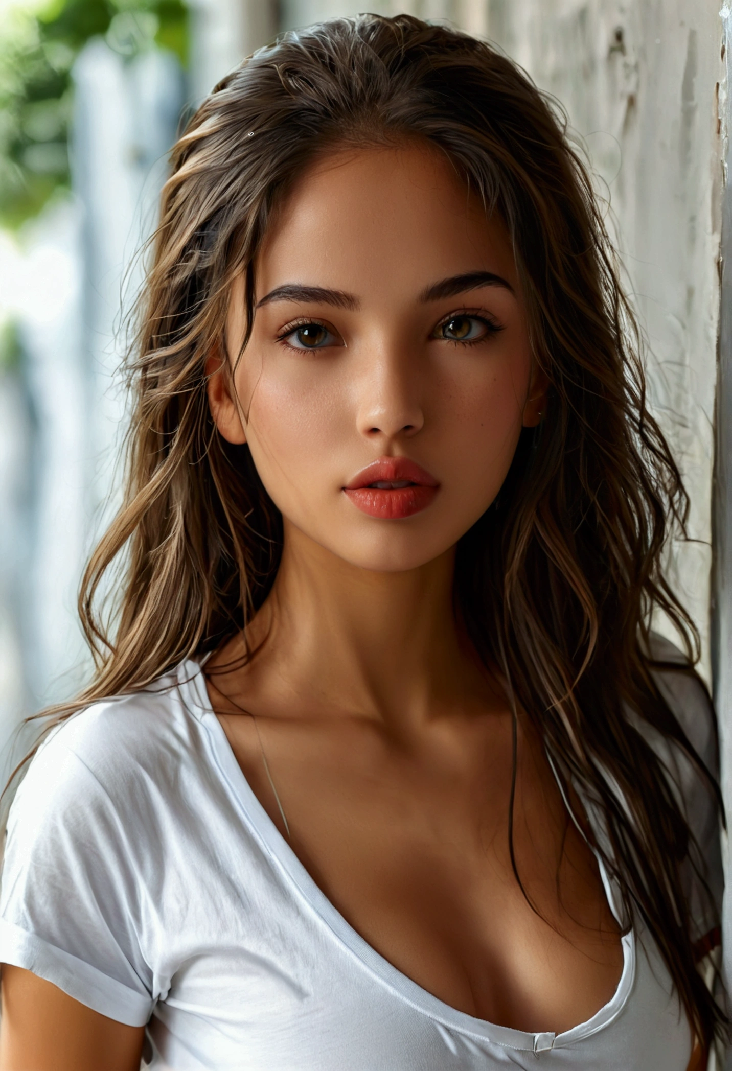 the most beautiful latina girl, slim atletic body, perfect detailed face, big bright hazel eyes and big full lips, photorealistic, wearing a white T-shirt, nipples marked on the T-shirt, 8K, filmic, photographic realism, sweet innocent face, long straight loosen hair