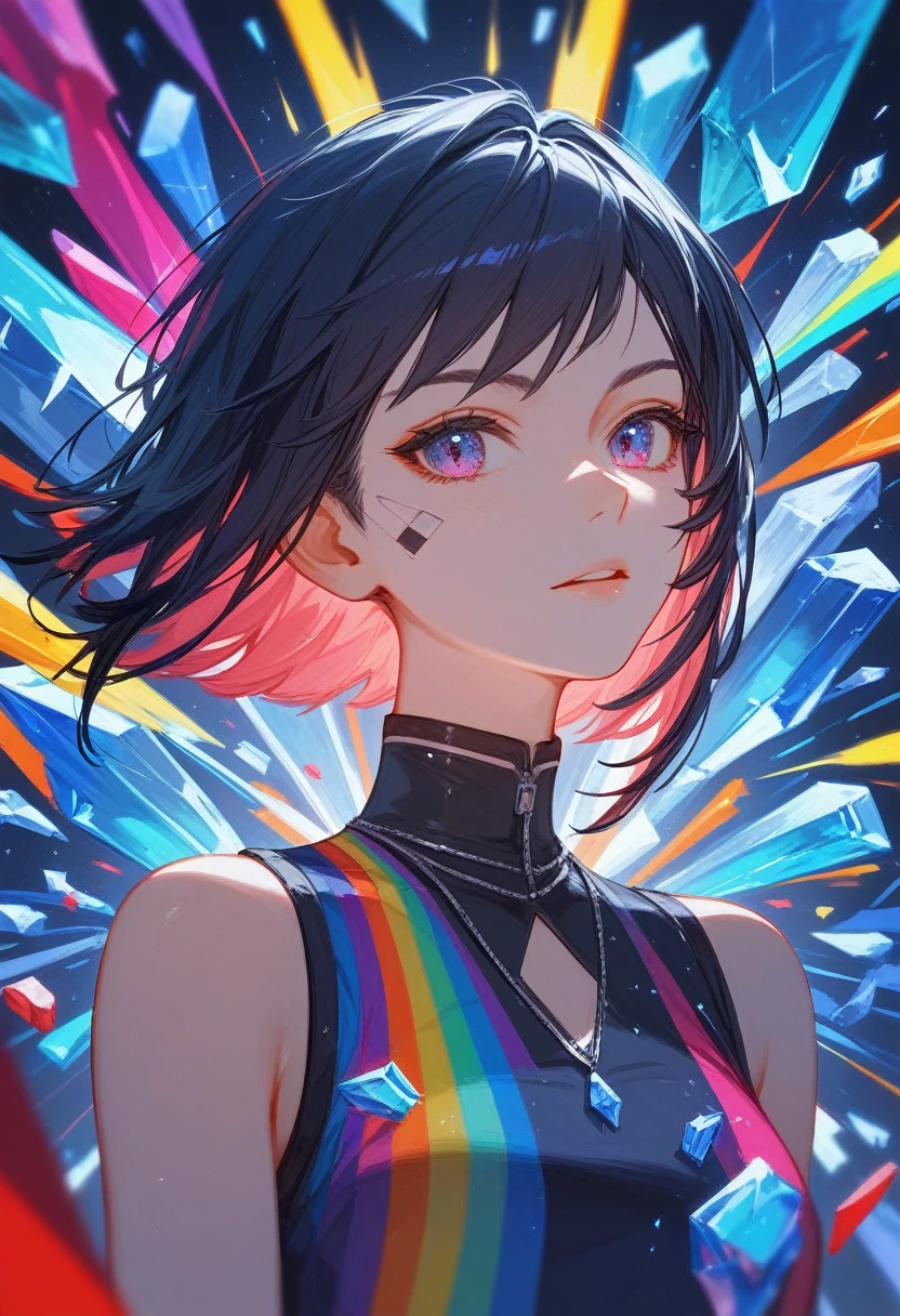 (Fraction_9,Fraction_8_Direction_7_up),1 a woman,(((bust))),Gorgeous female swordsman、Kenhime,The mirror is broken, Inspired by Huang Ji,Inspired by Zhou Wenjing, Render character art 8 K,Colorful clothes,Broken glass,