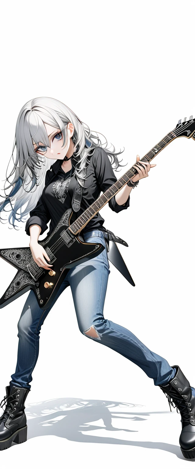 (((White background:1.2)))、(((Composition from afar:1.5))),(((full body:1.2))),Masterpiece、Ultra HD、Swedish metal rock girl playing a black electric guitar, Gothic makeup, Intricate details, Highly detailed eyes, Long silver hair、(Black shirt and jeans)、Intricate details、(((Dynamic pose:1.5)))、Wear black boots、Ultra-detailed image quality、(((Playing guitar:1.2)))