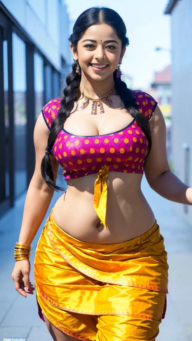 HD wallpaper 32k cinematic shoot of a Beautiful cute Rashmika Mandanna, with thick thighs and a curvy waist, twin braids,  wearing an Indian blouse top, horny, seductively, in a school corridor, dotted blouse top, smiling, ((long curvy waist)), ((lowwaist)), ((curvy waist))