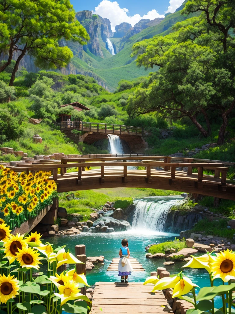 On a ranch with beautiful landscapes, waterfalls and sunflowers,  cassavas, chosas, stone fences,a plump 80 year old woman,loose dress ,embroidered apron,  walk across a wooden bridge,  with bouquets of white calla lilies in their hands.