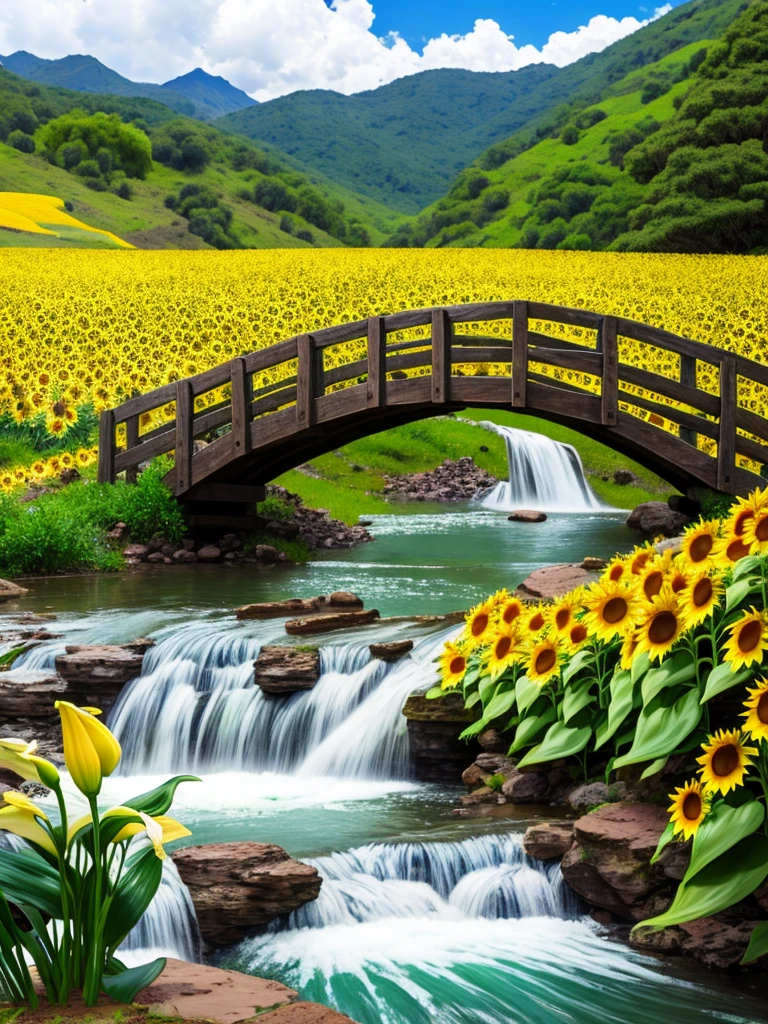 On a ranch with beautiful landscapes, waterfalls and sunflowers,  cassavas, chosas, stone fences,a plump 80 year old woman,loose dress ,embroidered apron,  walk across a wooden bridge,  with bouquets of white calla lilies in their hands.