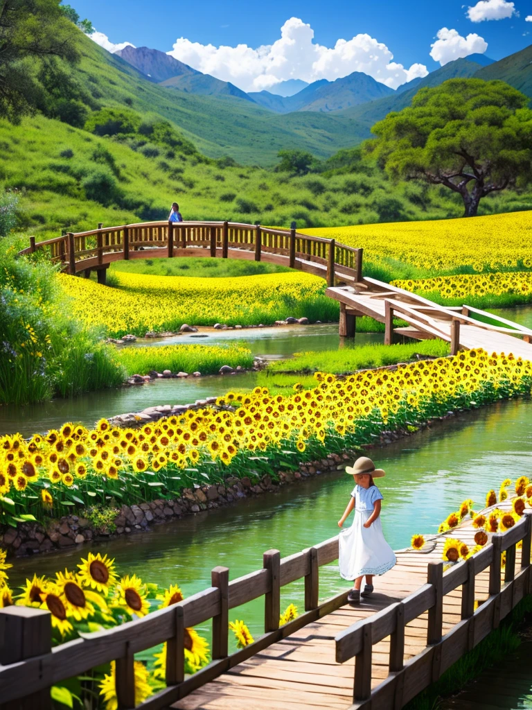 On a ranch with beautiful landscapes, waterfalls and sunflowers, cassavas, chosas, stone fences,a plump 80 year old woman,loose dress ,embroidered apron, walk across a wooden bridge, with bouquets of white calla lilies in their hands.