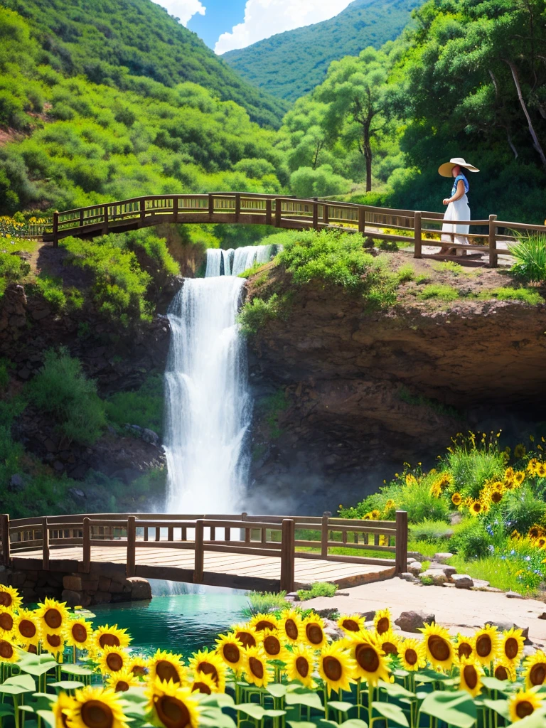 On a ranch with beautiful landscapes, waterfalls and sunflowers, cassavas, chosas, stone fences,a plump 80 year old woman,loose dress ,embroidered apron, walk across a wooden bridge, with bouquets of white calla lilies in their hands.
