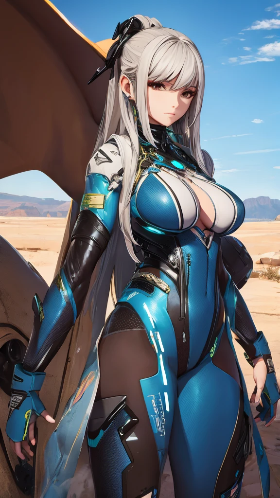 Eve with huge breasts in neon micro nanosuit with huge cleavage in the desert 