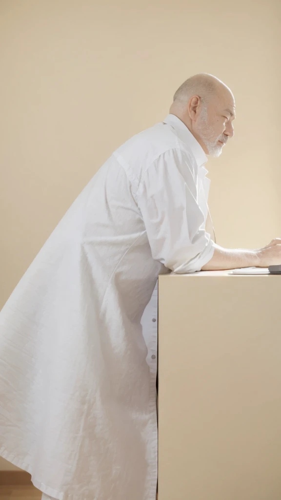 8K, best quality, masterpiece, Practical, Hyperreal, photo Practical, quality improvement, A man in white clothes，，Standing next to the desk, In the style of a bright and sunny designer, Gentle and peaceful profile, Natural Beauty, close up