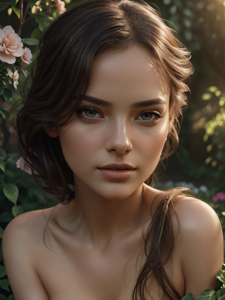 girl in a garden, beautiful woman, nude, beautiful detailed eyes, beautiful detailed lips, extremely detailed face and skin, long eyelashes, elegant pose, sensual, cinematic lighting, warm color palette, dramatic lighting, atmospheric, highly detailed, photorealistic, 8k, masterpiece, digital painting, concept art