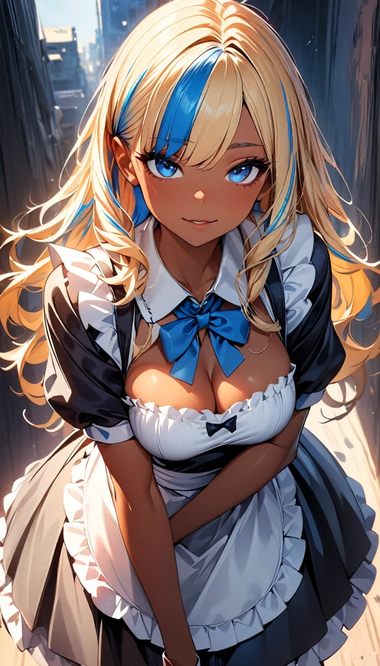 (highest quality:1.2, Very detailed, up to date, Vibrant, Ultra-high resolution, High Contrast, masterpiece:1.2, highest quality, Best aesthetics), Portraiture、girl、slim, Bright colors、Beautiful fine details、Beautiful lip detail、long hair, ((wavy hair:0.4))、messy hair, blonde and blue ((streaked hair:1.3)), highlights hair: 1.3, (medium breast:1), (tan skin:1.3), Japanese sexy Maid costume, ((leaning forward:1)), cowboy shot,