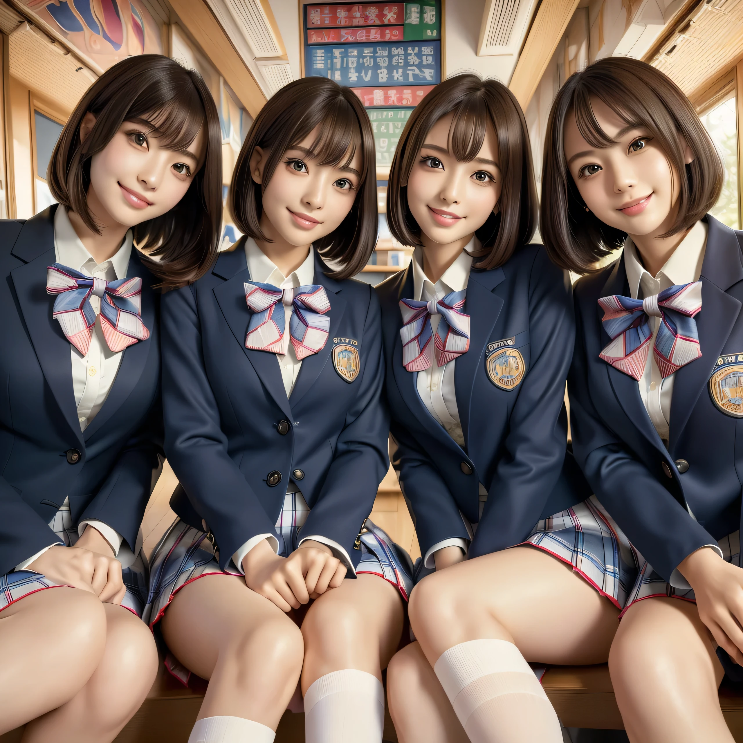 (best quality, masterpiece:1.5), (ultra-detailed, realistic:1.37),4K,(4woman:1.5),japanese,cute,beautiful,(school uniform:1.2),(miniskirt),smile,