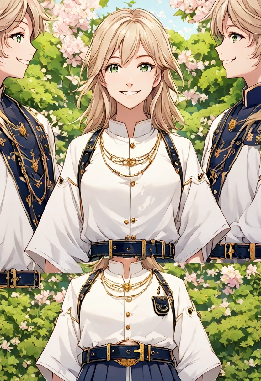 (((masterpiece; best quality: 1.2))), (finely detailed eyes: 1.3), (25 year old elf woman), (solo), (green eyes: 1.4), (body; big breasts, fit, femenine: 1.3), (silky blonde hair in low ponytail: 1.3), (beautiful and clear background: 1.2), ((depth of field)), (equipment: adventurer garb + modest + elegant wide-brimmed hat + dark blouse + dark cape + black long skirt + gloves + belt + pouches: 1.3), (anime illustration: 1.2), (background composition; royal garden: 1.1), (extremely fine and beautiful: 1.1), (shot composition; standing + centered on torso + close-up: 1.5), (expression; calm, smile: 1.2)