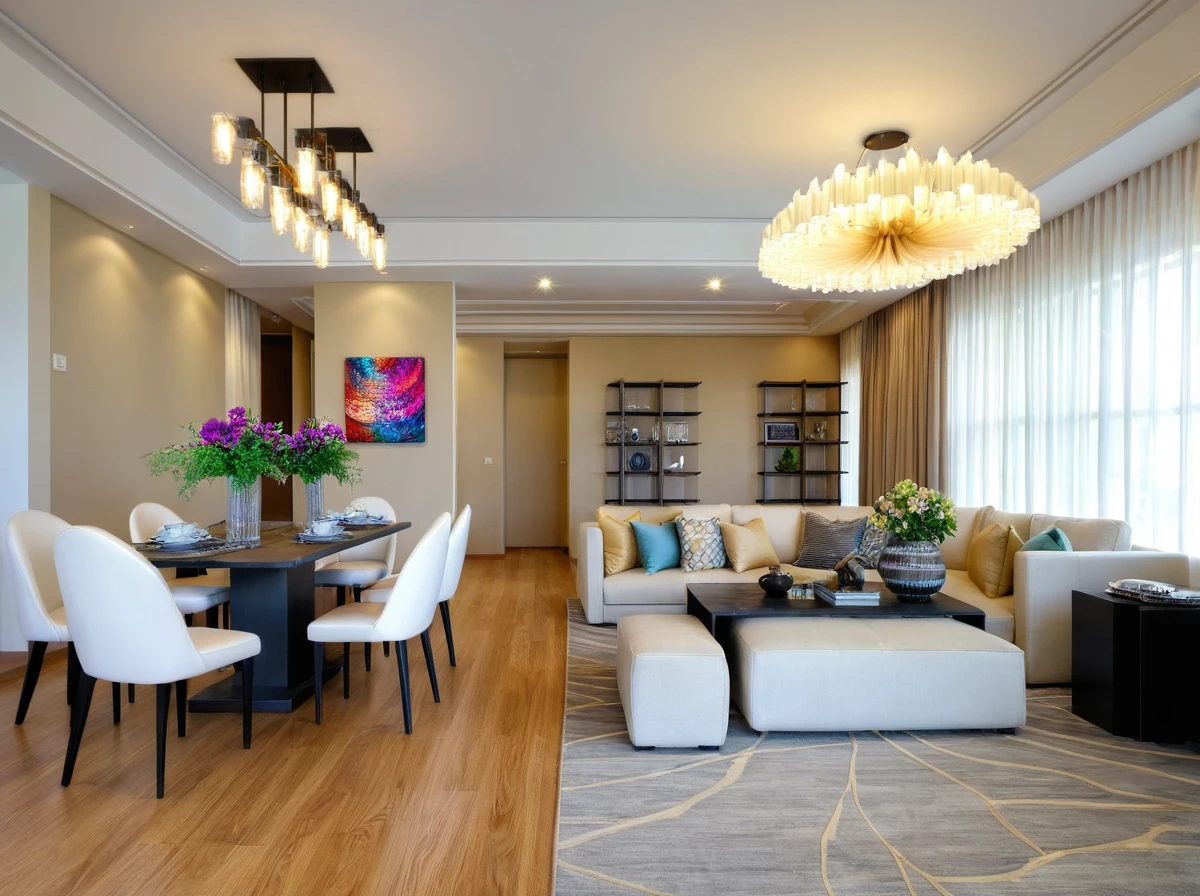 Raw photo, Masterpiece, high quality, best quality, authentic, super detail, indoors, living room style modern, ceiling lights, chandeliers, sofas with coffee table, pillows, a rug placed under the couch, flower vases on the dining table and coffee table, painting on the rear wall, cream curtain walls, vivid color,