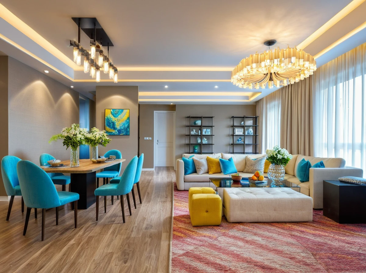 Raw photo, Masterpiece, high quality, best quality, authentic, super detail, indoors, living room style modern, ceiling lights, chandeliers, sofas with coffee table, pillows, a rug placed under the couch, flower vases on the dining table and coffee table, painting on the rear wall, cream curtain walls, vivid color,