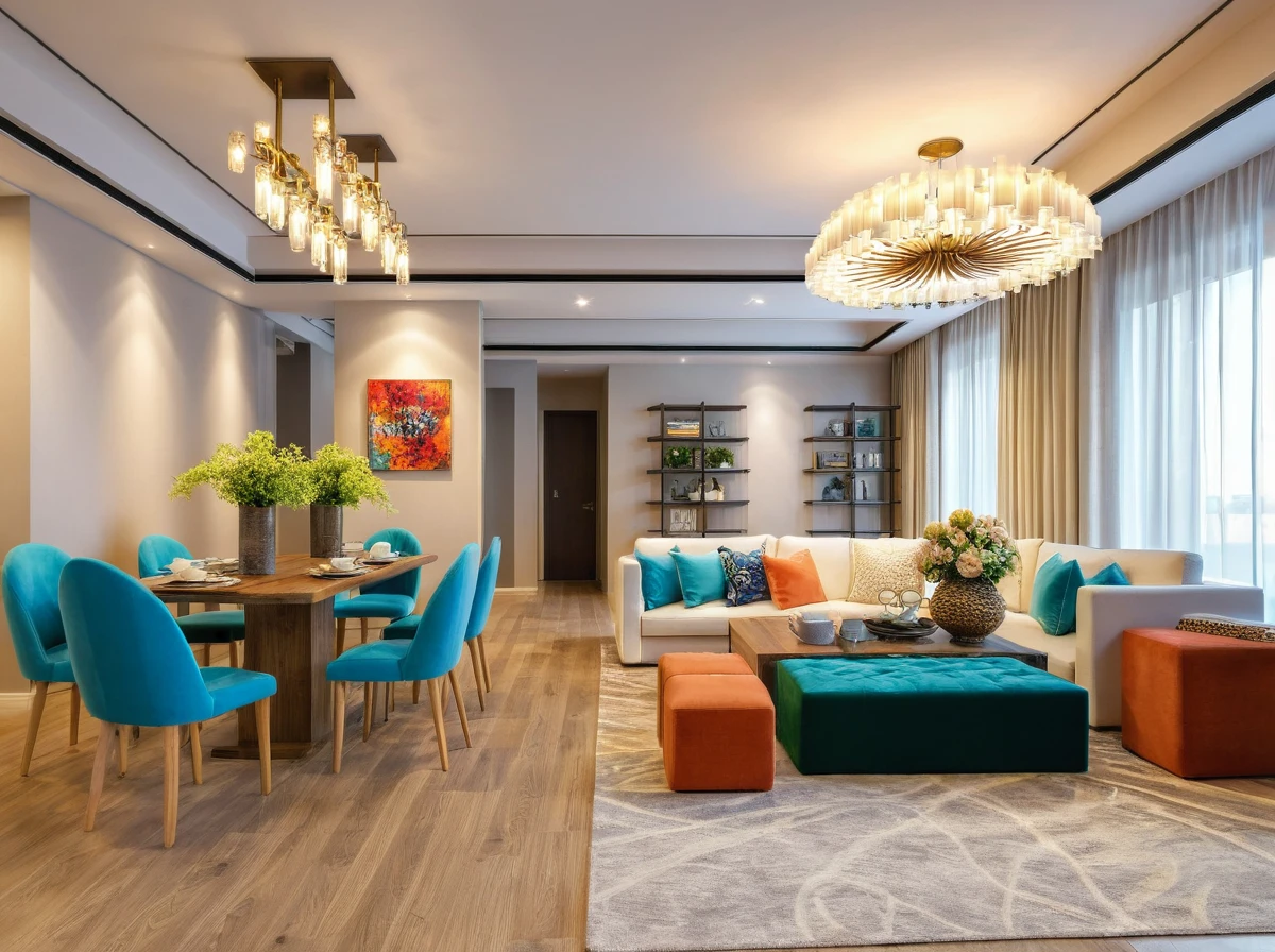 Raw photo, Masterpiece, high quality, best quality, authentic, super detail, indoors, living room style modern, ceiling lights, chandeliers, sofas with coffee table, pillows, a rug placed under the couch, flower vases on the dining table and coffee table, painting on the rear wall, cream curtain walls, vivid color,