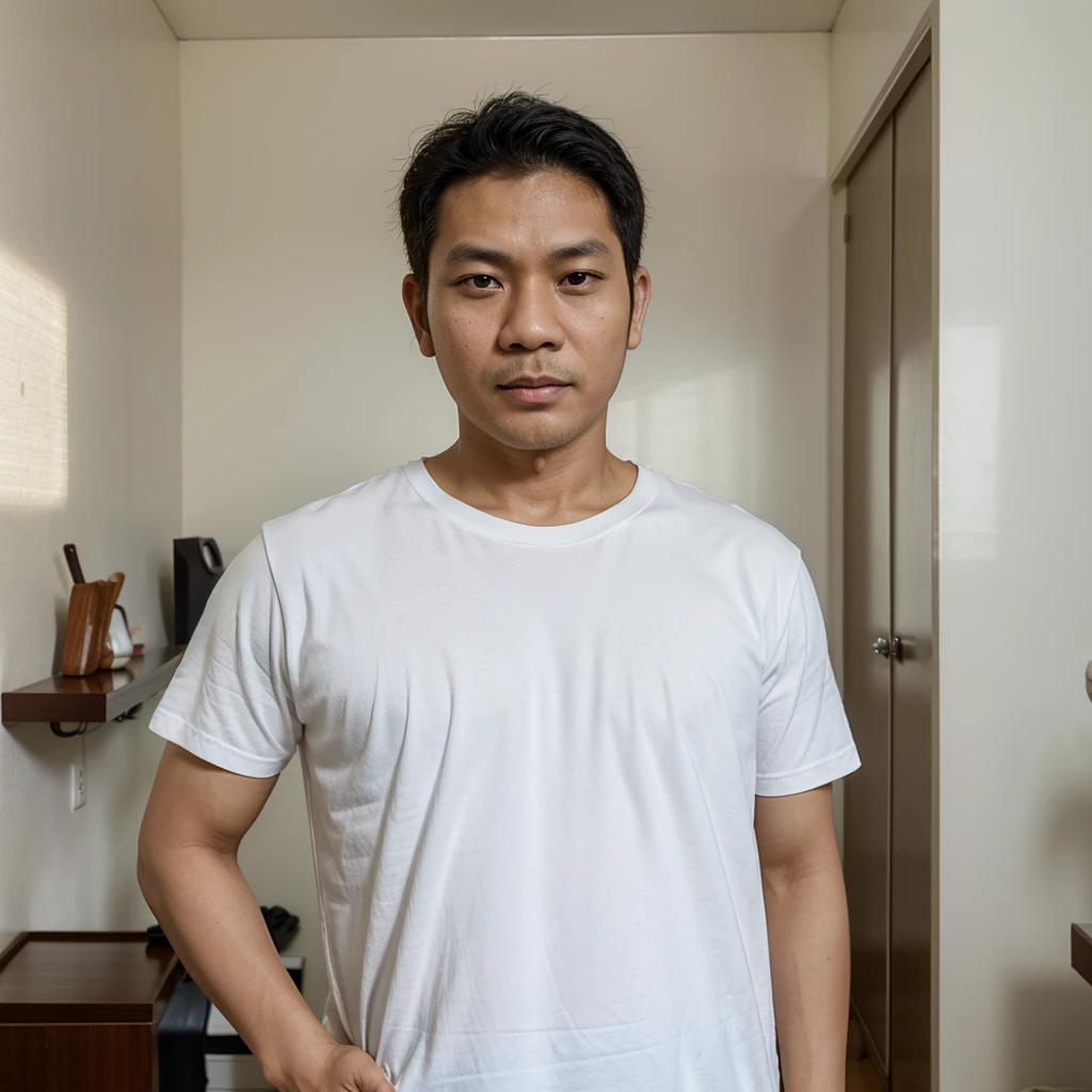 Medium shot of a 38 year old indonesian man, oval face, white skin, nature skin, medium hair, wearing a tshirt, in badroom view