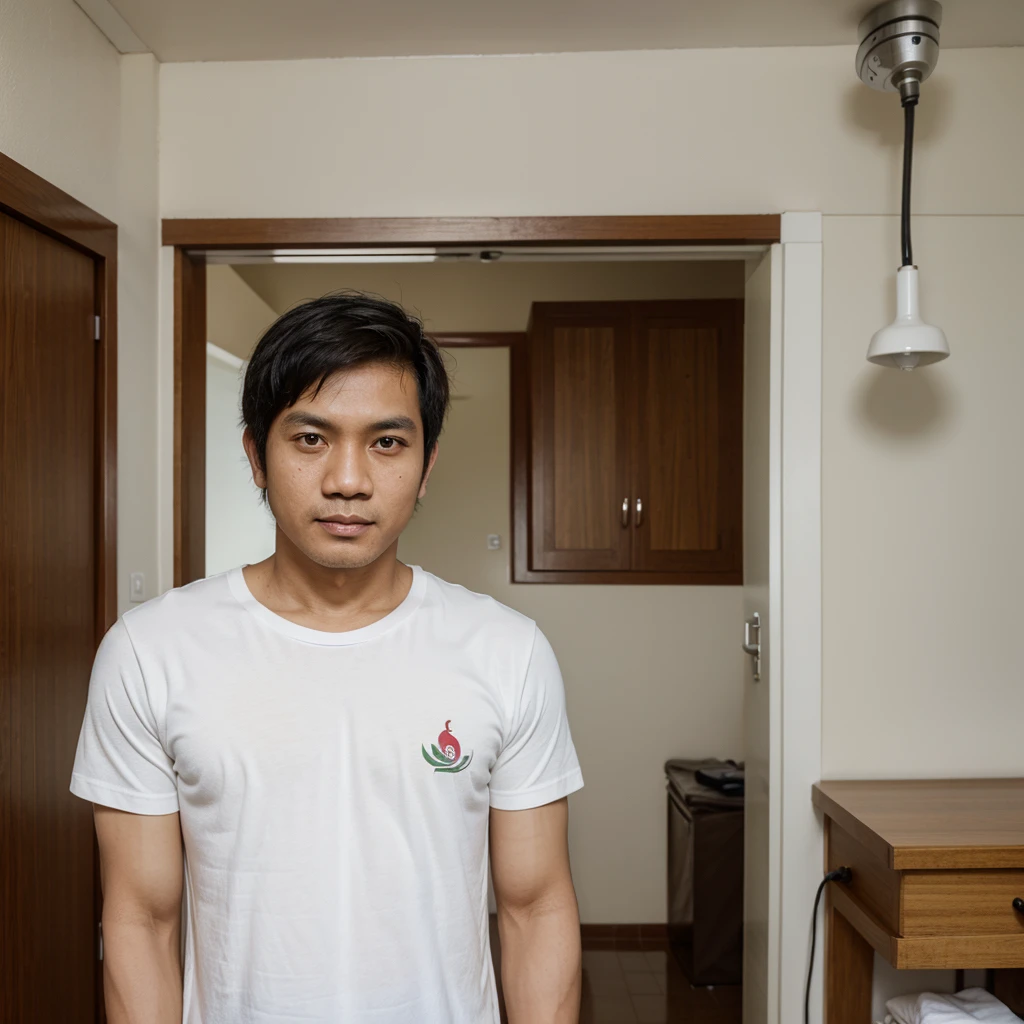 Medium shot of a 38 year old indonesian man, oval face, white skin, nature skin, medium hair, wearing a tshirt, in badroom view