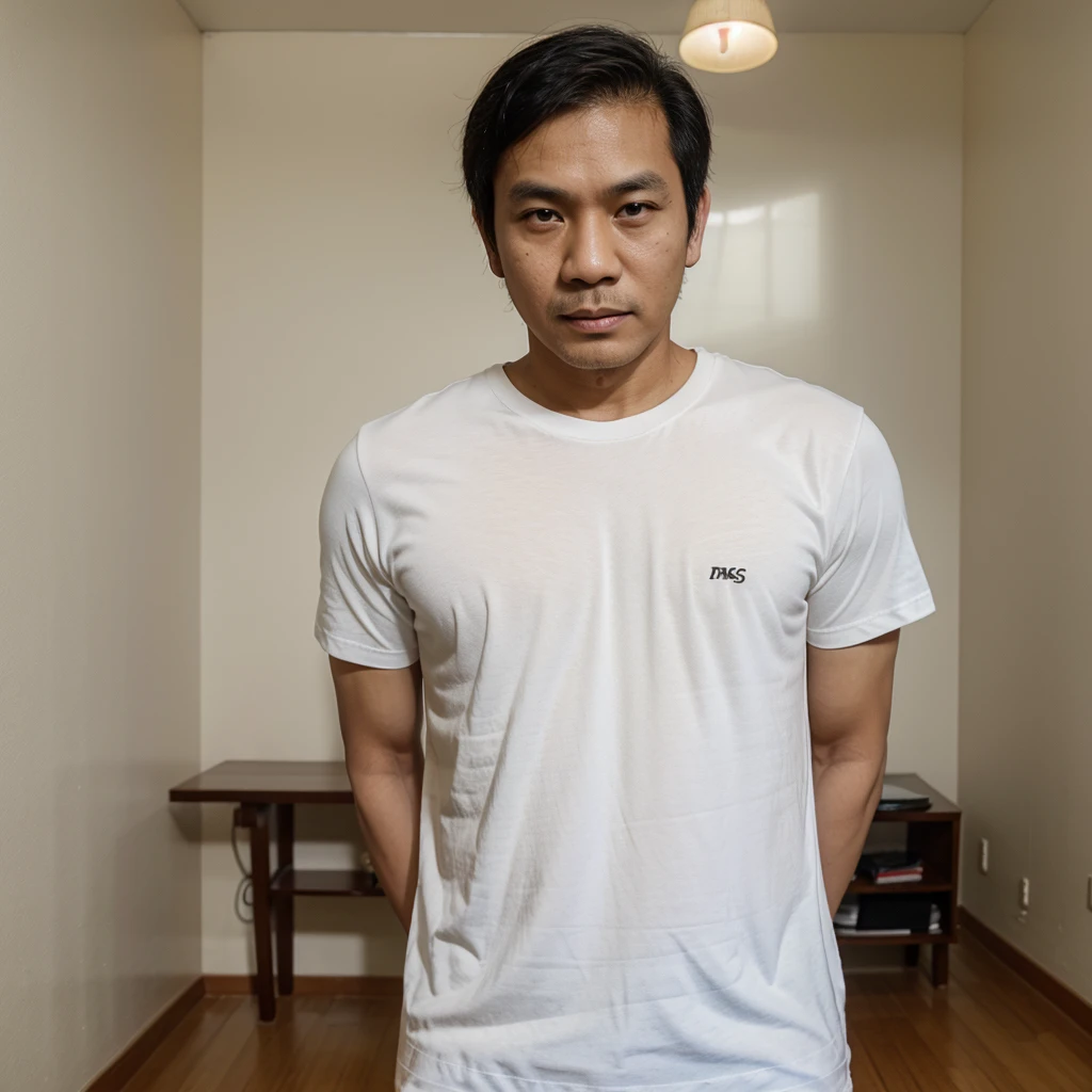 Medium shot of a 38 year old indonesian man, oval face, white skin, nature skin, medium hair, wearing a tshirt, in badroom view