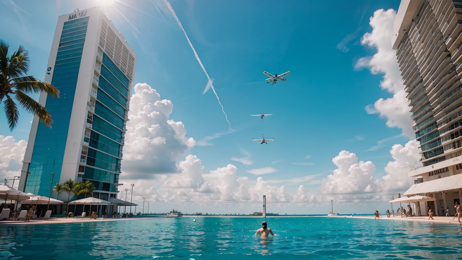 miami volleyball competition, water, jet on the sky, thumbnail, cinematic