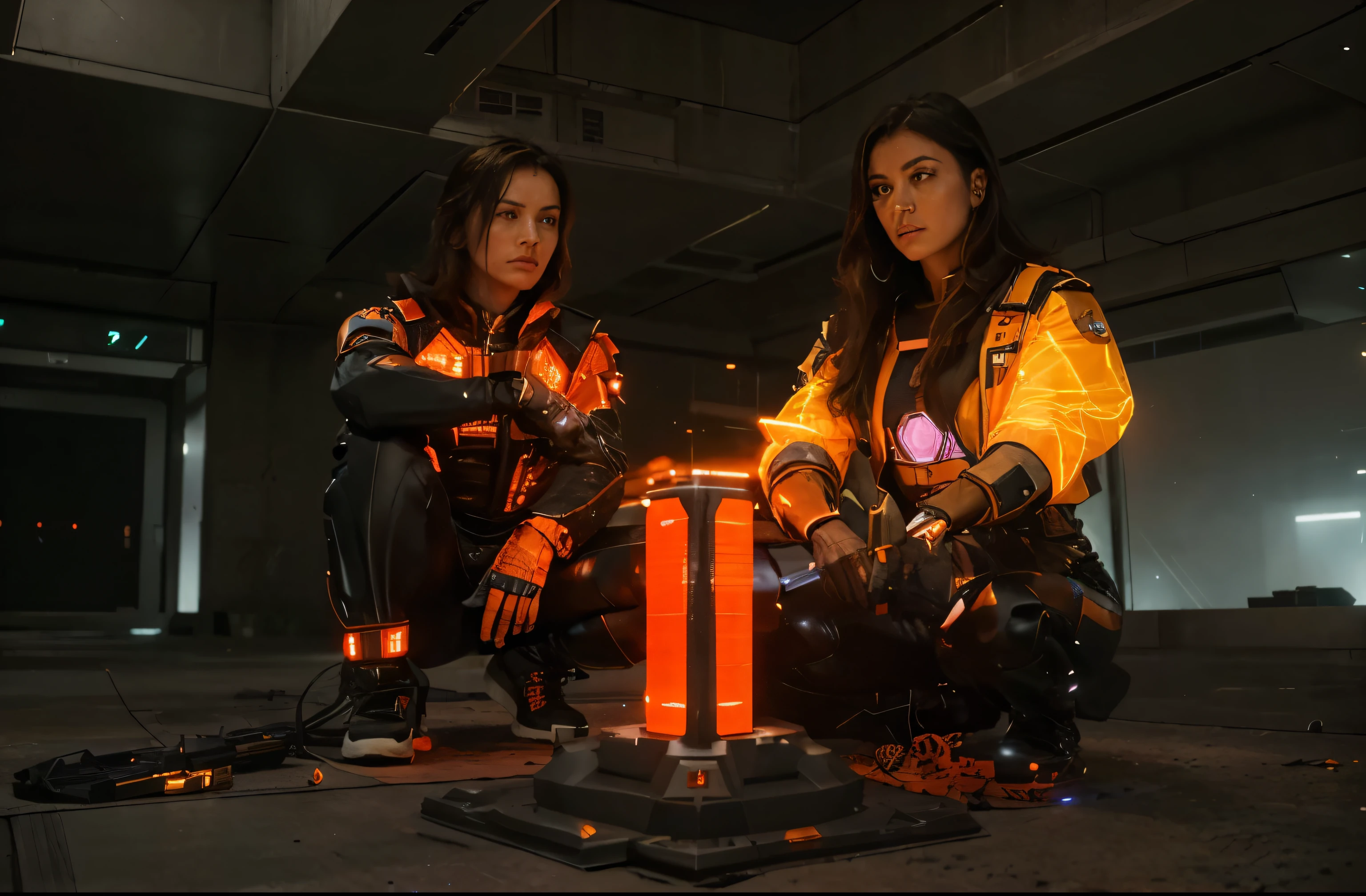 (Best quality, 8k, 32k, Masterpiece, UHD:1.2), "Transform the scene into an intense moment in the heart of a futuristic city inspired by Valorant, where two Valorant characters are urgently working to deactivate a spike. The spike is prominently positioned in the foreground, glowing ominously with an orange hue, casting a warm light on the characters' focused faces.
The first character is crouched close to the spike, their hands moving swiftly over the intricate deactivation mechanism, displaying a mix of concentration and urgency. The second character stands guard, weapon at the ready, scanning the surroundings for potential threats, their stance protective and alert.
The backdrop is a sprawling futuristic cityscape with towering skyscrapers adorned with neon lights and holographic advertisements. The streets are lined with sleek, advanced vehicles and the architecture is a blend of modern and high-tech designs. Ambient lights from the city create a dynamic play of shadows and highlights, enhancing the tension of the moment.
Sparks and electronic pulses flicker from the spike as the deactivation process progresses, adding a sense of urgency and high stakes. The overall atmosphere is charged with energy, reflecting the high-stakes, adrenaline-pumping environment typical of Valorant." ((dynamic Lighting))