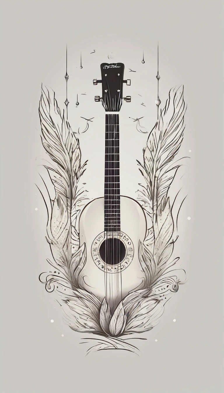 A minimal, modern, simple, cinematic logotype for the brand “Penamemoria". The logotype must be a simple, magical feather and a boy playing acoustic guitar. The logo must convey a sense of music, stories and dreams. Logo design impressed on a book cover. Minimalistic logo