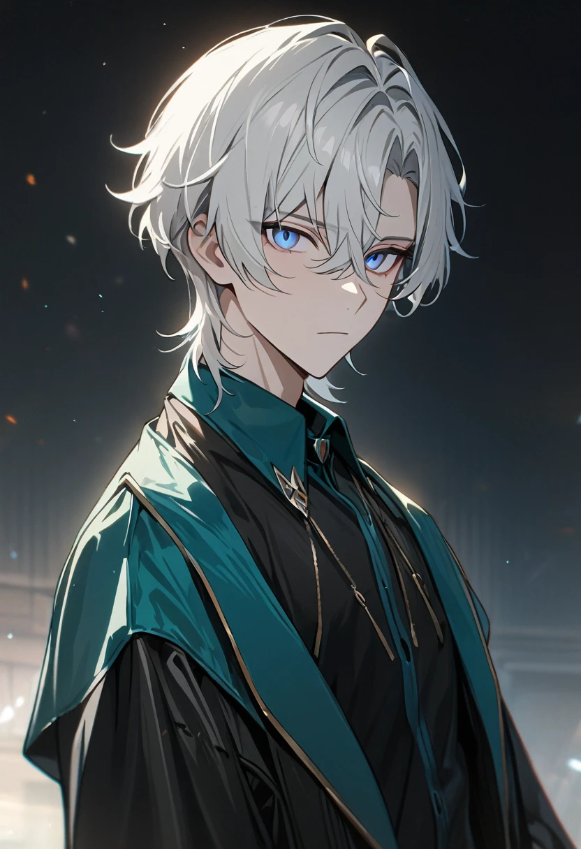 1 male, short hair, white hair, blue eyes, aventurine clothes, (best quality,4k,highres,masterpiece:1.2), teenager, expressionless, emotionless