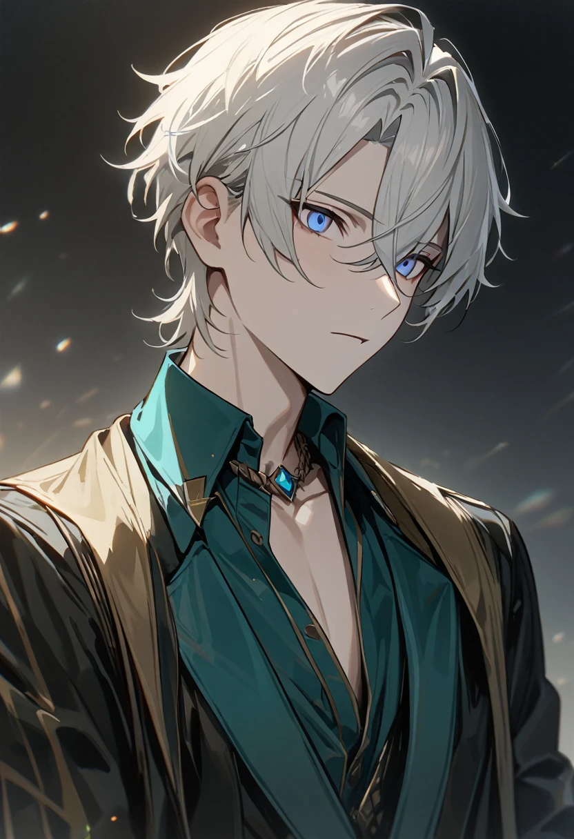 1 male, short hair, white hair, blue eyes, aventurine clothes, (best quality,4k,highres,masterpiece:1.2), teenager, expressionless, emotionless