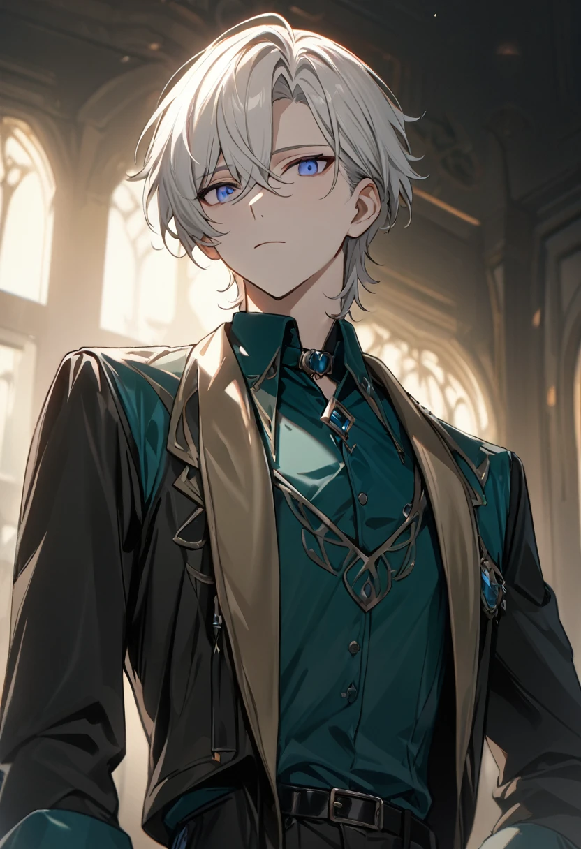 1 male, short hair, white hair, blue eyes, aventurine clothes, (best quality,4k,highres,masterpiece:1.2), teenager, expressionless, emotionless