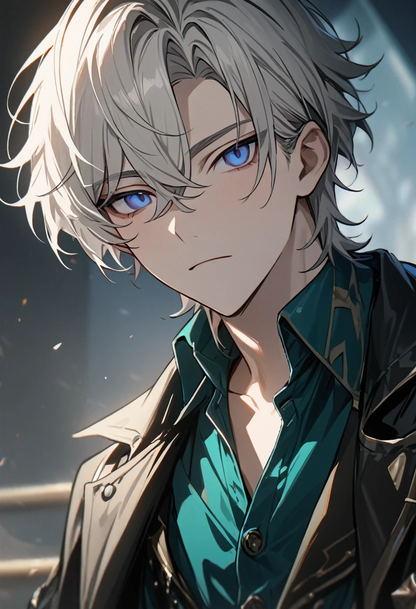 1 male, short hair, white hair, blue eyes, aventurine clothes, (best quality,4k,highres,masterpiece:1.2), teenager, expressionless, emotionless