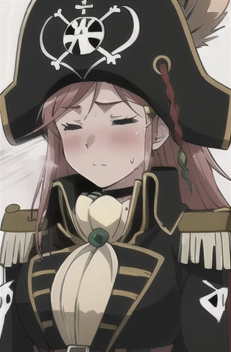 masterpiece, best quality, 1girl, detailed face and eyes, upper body, big breasts, Katou Marika, pirate costume, belt, pirate hat, aroused facial expression, closed eyes, closed mouth, blush, sweat
