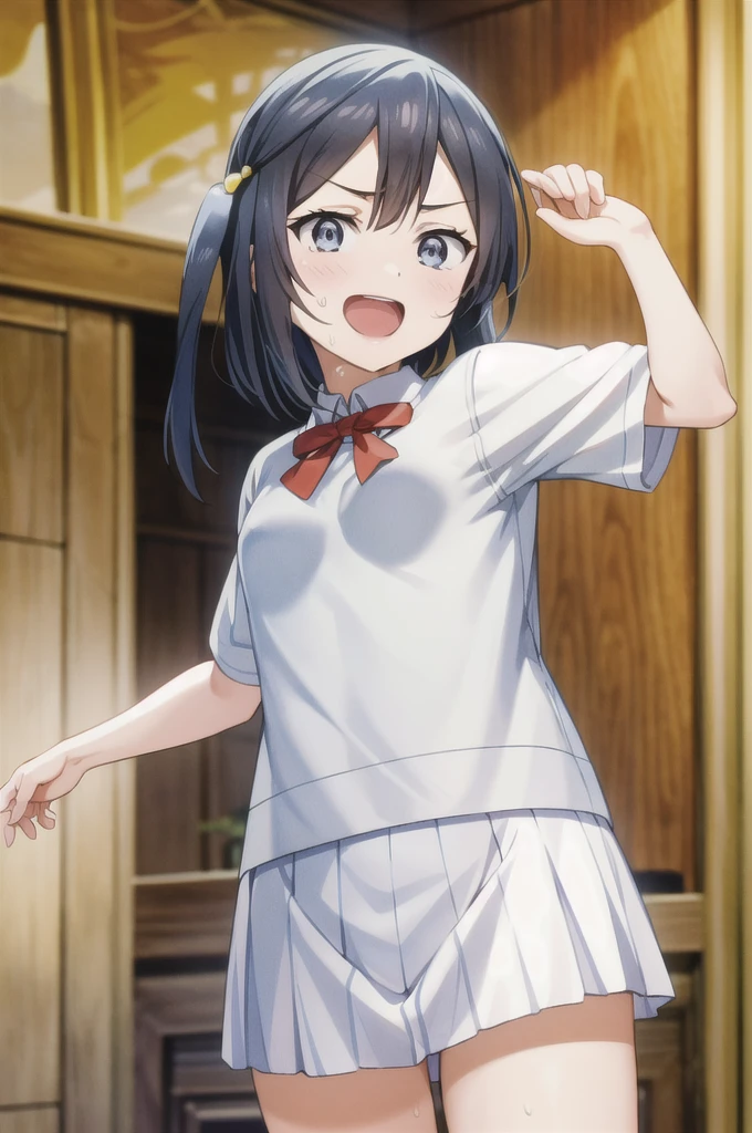(Highest quality, masterpiece:1.2), One Girl, alone, anime, anime screencap,  Ray Tracing, Global Illumination, ultra hi resolution picture, Bright colors,  Cinematic Light,  Lens flare,  Light on the face, Glowing Eyes,  Written boundary depth, Happy, Detailed Background, cute,  straight, smile, 
 Yuki Setuna，short hair，Sweatかいた手，Sweatかいた足，Sweatかいた指，Sweatかいた体，Sweat垂れる，Sweatびしょ濡れ，顔Sweatだく，Sweatかいたつや肌，髪の毛Sweatだく，hot，手Sweat，足Sweat，素肌Sweat，脇Sweat，White Breath，Sweat臭い，Stuffy smell，とてもSweatかいている，気体からSweat，Sweat(masterpiece:1.4)，Smooth skin，Her bare skin is shining，Sweatの匂い，口Sweat，Shine，Fascinating，ShineSweat，Sweat濡れ，顔Sweatですべすべ，Fighting，Fightingポーズ