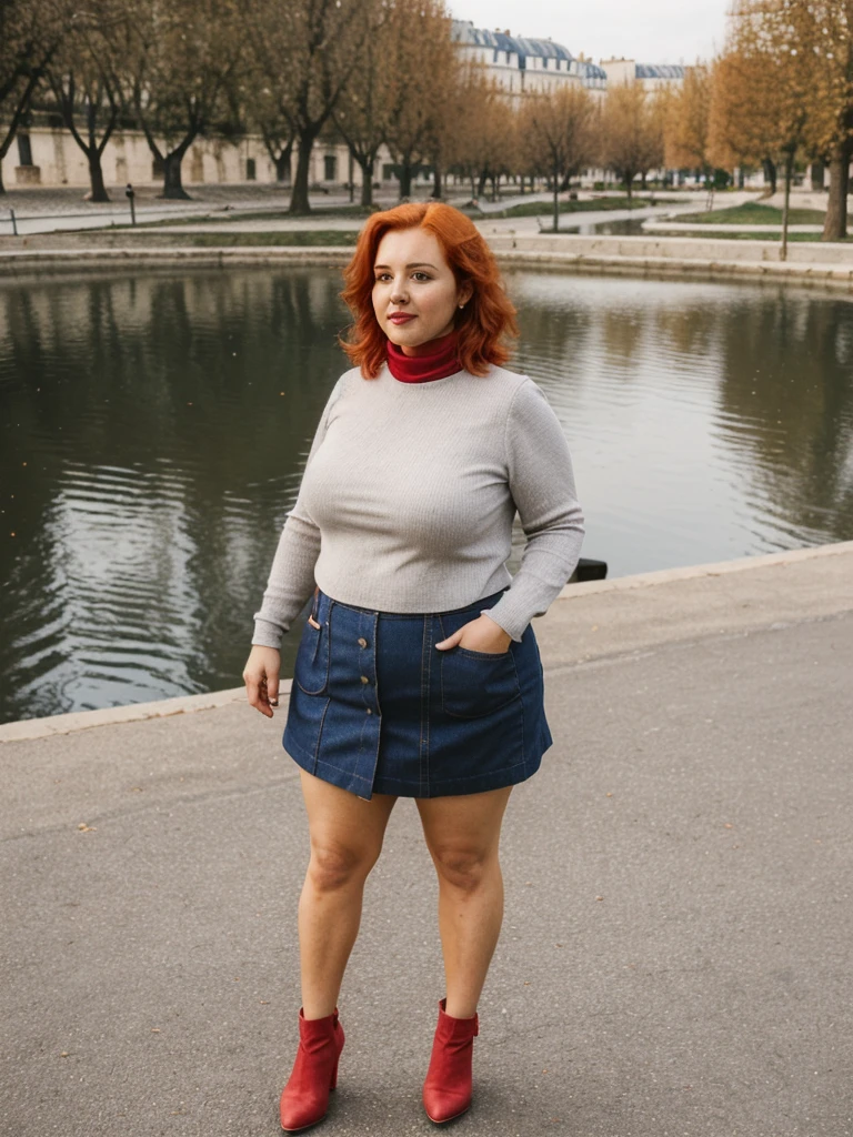 Xyrele, 1girl, solo, 30 years old, (((French face))), (((French nose))), (((French lips))), ((((chubby)))), (((wide ))), (((red hair))), crinkly short hair, wearing stylish geometric designed turtle neck and mini skirt, ((Background: Plaza)), ((upper body and upper legs)), Feeding ducks at a pond
