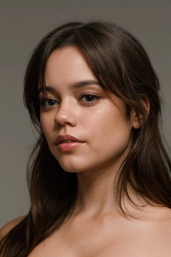 jenna ortega, long hair, detailed skin, 
headshot, simple solid background, closeup head-shot, realistic, nude
 