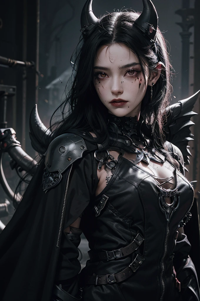 1woman, feminine, messy wolfcut long black hair, black eyes, blood tears, ear piercings, face piercings, blood, scars, tattoos,, bats, mechanical arms, wearing black robot armor, knight, wearing black fur cloak, mechanical wings, mechanical horns, night, high res, ultrasharp, 8k, masterpiece, looking at viewer